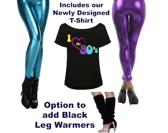 Idées de costumes de déguisement des années 80, T-shirt femme I Love the 80s, Leggings et haut violets / turquoise brillants des années 80, accessoires jambières noires