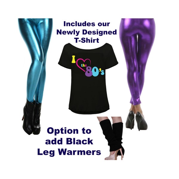 Idées de costumes de déguisement des années 80, T-shirt femme I Love the 80s, Leggings et haut violets / turquoise brillants des années 80, accessoires jambières noires