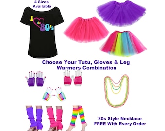 Womens 80s Costume, Girls 80s Tutu, I Love the 80s T Shirt Top, 80s Costume Jewellery