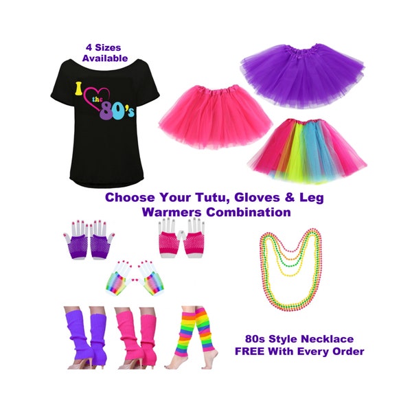 Womens 80s Costume, Girls 80s Tutu, I Love the 80s T Shirt Top, 80s Costume Jewellery