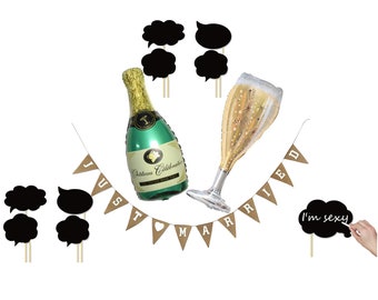 Wedding Photo Booth Props, Just Married Banner, Champagne Glass Balloons & Bottle, Wedding Venue Decorations