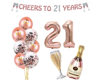 21st Birthday Decorations Rose Gold, 21st Balloons, Cheers to 21 Years Banner, Rose Gold Number 21 Balloons, Birthday Decorations for Her