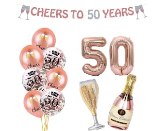 50th Birthday Decorations Rose Gold, 50th Balloons, Cheers to 50 Years Banner, Rose Gold Number 50 Balloons, Birthday Decorations for Her