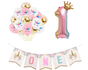 ONE Birthday Banner, Nummer 1 Luftballons, Dekorationsideen zum ersten Geburtstag für Mädchen, Einhorn Party Zubehör
