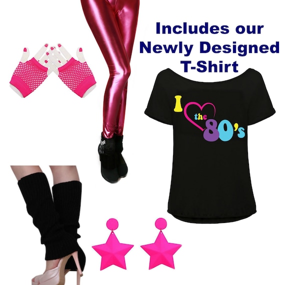 80s Fancy Dress Costume Ideas, Womens I Love the 80s Top T Shirt, Pink  Leggings, Black Leg Warmers, Mesh Gloves and Hot Pink Earrings 