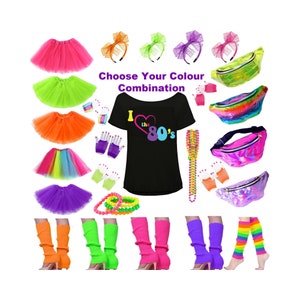 Könnte beinhalten: Eine Sammlung von Accessoires und Kleidung im 80er-Jahre-Stil. Enthält farbenfrohe Tutus, Stirnbänder, Bauchtaschen, Beinwärmer, Armbänder und ein schwarzes T-Shirt mit dem Text "I love the 80s". Die Artikel sind in leuchtenden Neonfarben gehalten.