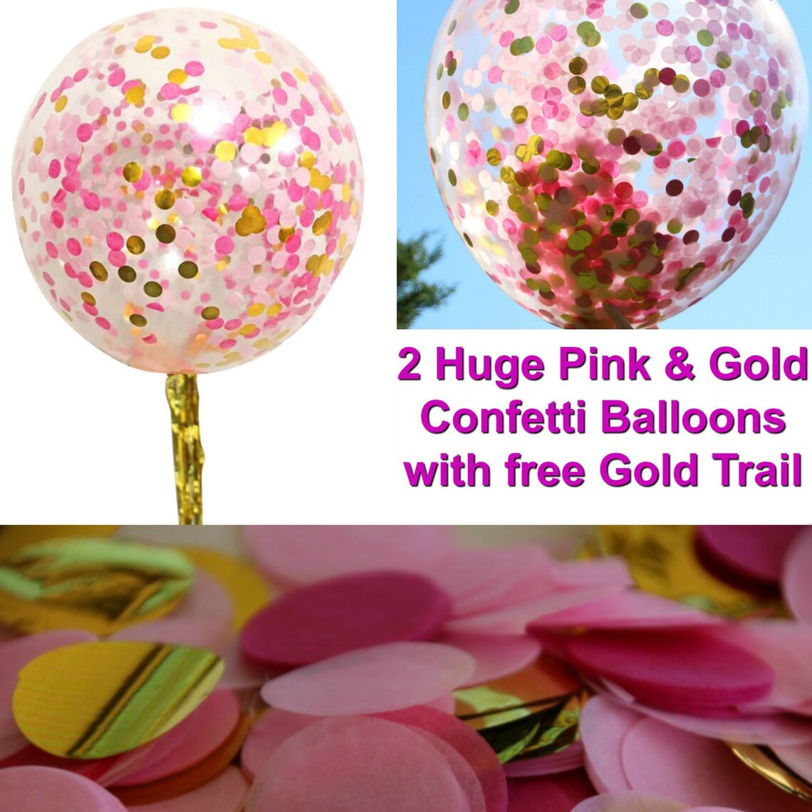 2 X Pink & Gold Jumbo Confetti Balloons With Tassels 90cm Etsy