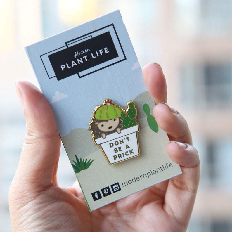 Dont be a prick hedgehog and cactus enamel pin image 1