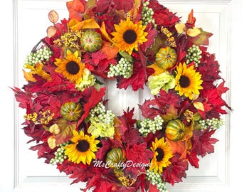 Fall Sunflower Pumpkin Wreath, Autumn Harvest Door Decor