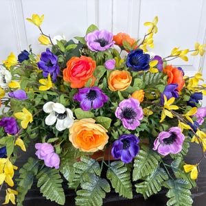 Purple Pink and Orange Cemetery Flowers, Cemetery Headstone Saddle, Memorial Day Flowers, Sympathy Flowers, Gravestone Flower Arrangement