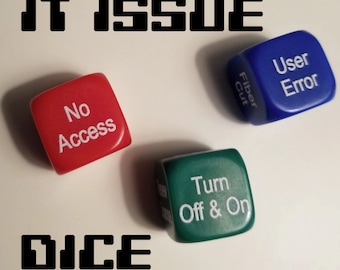May include: Three dice with different IT issue scenarios: "No Access", "Turn Off & On", and "User Error". The dice are red, green, and blue.