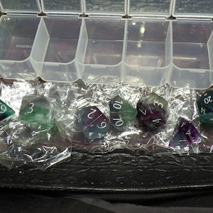 Engraved Rainbow Fluorite: Full-Sized 16mm Polyhedral Dice Set RPG Tabletop Gaming