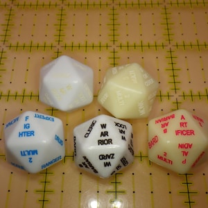 May include: Five twenty-sided dice arranged in a group. Two dice are opaque white with blue and black text, two are off-white with yellow and red text, and one is opaque white with black text. Each die features various character class names.