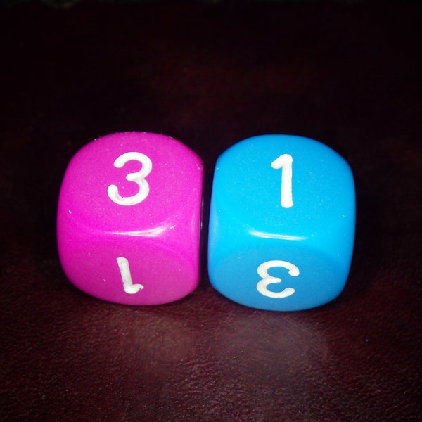 16mm Three-Sided Die (1D3)(1-3 6 Six-Sided) - Pink or Blue - Tabletop Gaming Roleplay Tool Supply Board Card Roll Random Counter Marker Dice