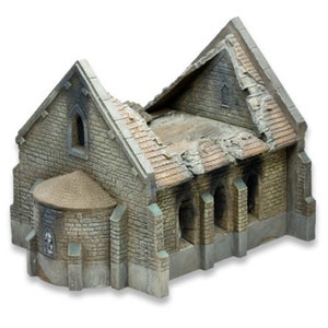 May include: A detailed model of a ruined stone building with a collapsed roof. The building has a rectangular shape with a rounded apse on one side. The model is painted in shades of gray and brown to represent stone and mortar.