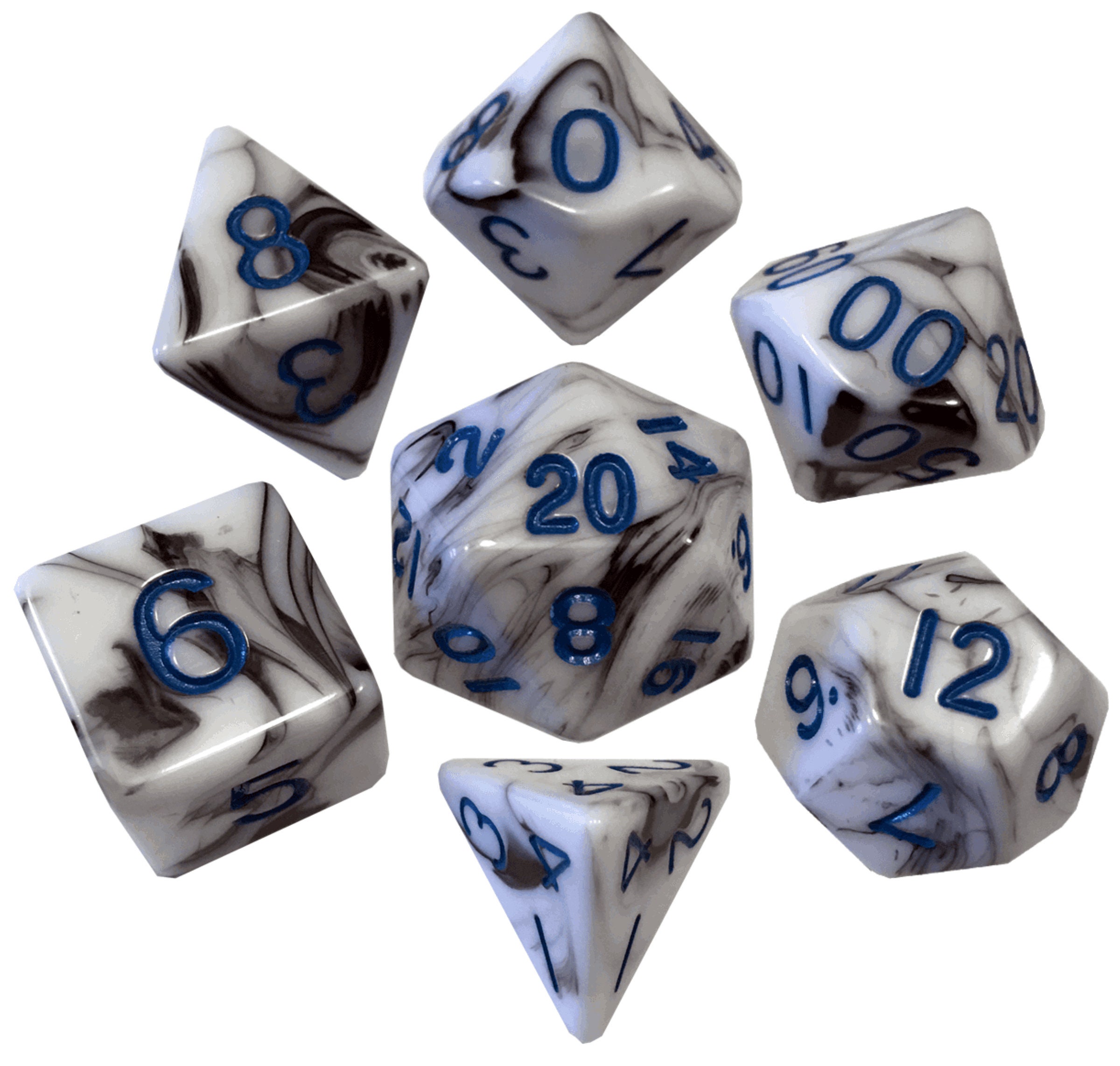 16MM MARBLE WITH BLUE NUMBERS NEW 7 COUNT DICE POLY SET 