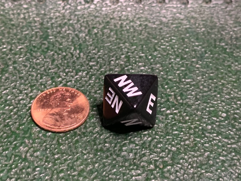 May include: A black, six-sided dice with white letters showing the directions: NW, NE, E, N.
