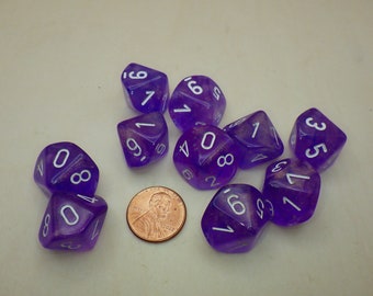 10D10 16mm Set of Ten D10 Dice - Borealis Glow in Dark Purple with White - RPG Tool Tabletop Roleplay Games Supply Markers Decision Makers
