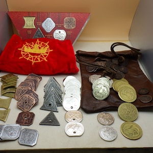Metal Coins with Pouch - Choice between two sets - RPG Tabletop Gaming LARP Cosplay Theater Movie Prop Supply Pirate Fantasy Dungeons Dragon