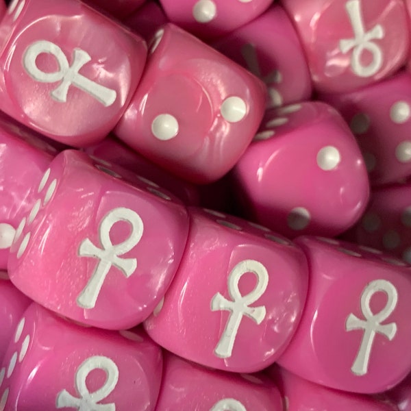 White Ankh Symbol on Pink D6 16mm Customized Die RPG Tabletop Games Also a great supply for crafting, jewelry, decorating