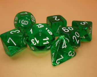 16mm 7 Die Dice Polyhedral Set - Translucent Green with White - RPG Tabletop CCG Board Card Counters Tokens Markers Random Decision Makers