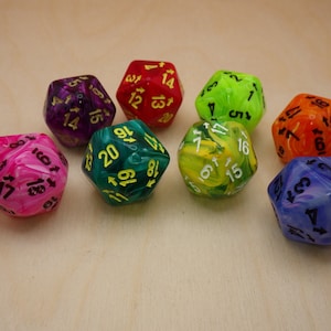 May include: Eight multi-colored twenty-sided dice with black numbers. The dice are made of a translucent plastic with swirls of color. The colors are pink, green, yellow, orange, purple, blue, and green.