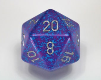 Silver Tetra Jumbo 34mm Speckled D20 Purple & Blue with Silver Extra Large Counter Dice Also great supply for crafting, jewelry, decorating