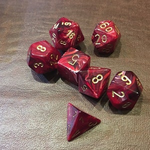 7 Die 16mm Dice Polyhedral Set Vortex Burgundy with Gold image 1