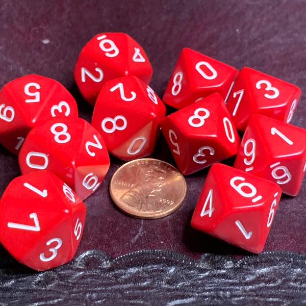 16mm Dice 10d10 (Ten Ten-sided)- Red with White - RPG Tool Tabletop Roleplay Games Supply CCG Card Board Random Tokens Counters Markers