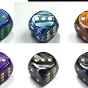 May include: Six colorful dice with marbled patterns. Each die features a different color scheme, including blue, purple, and brown, with contrasting pips. The dice are designed for tabletop games and are set against a white background.