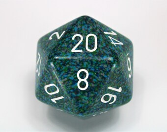 Sea Jumbo 34mm Speckled D20 Die Teal, Blue, Green with White Extra Large Counter Dice RPG Tool Tabletop Roleplay Supply Token Marker Random