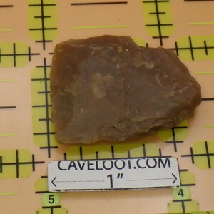 May include: A roughly shaped, light brown stone, approximately 1 inch in length, rests on a yellow and black grid. A white label with the text "CAVELOOT.COM" and a measurement indicator is visible.