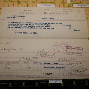 May include: An aged invoice from The Pecos River Railroad Company, dated March 4, 1906, with handwritten entries and stamps. The document details payments for various services, including engine work and car handling, in Pecos, Texas.