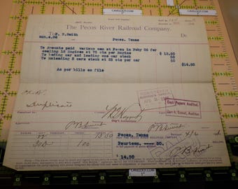 1906 Pecos River Railroad Co Texas Receipt P.B. Smith Coaling Engines Stock Cars