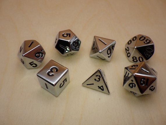 Silver Metal Dice Set | 7 Piece Polyhedral RPG Roleplay Gaming Kit | Solid Zinc Nickel Plated | Dungeons and Dragons D&D D20 | Heavy Path