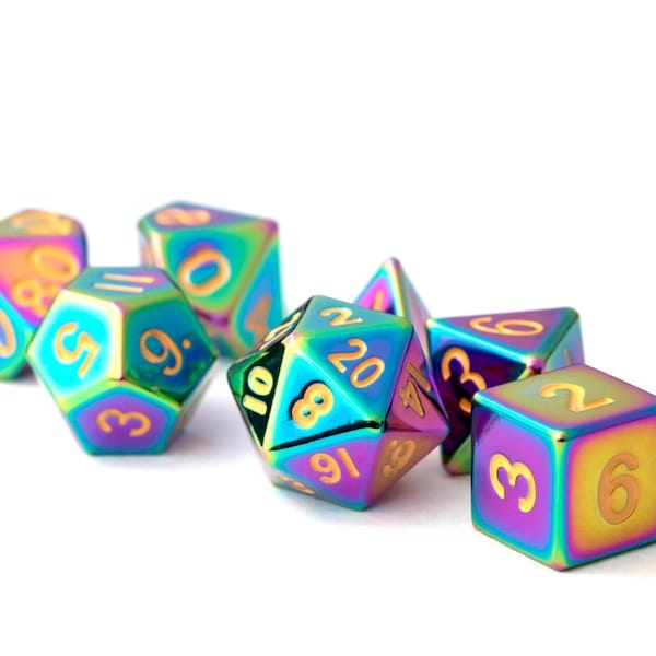 Metal Torched Rainbow 16mm Polyhedral Dice Set (Or Individually), Also a great supply for crafting, jewelry, decorating, and certain props!