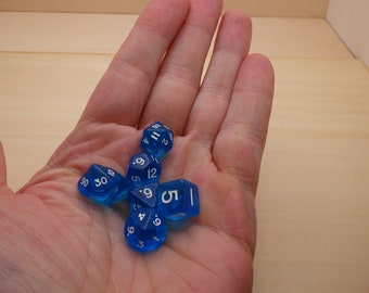 Mini Polyhedral 7 Dice Set - Transparent Blue with White - RPG Tool Tabletop Roleplay Games Supply CCG Card Board Random Tokens Counters