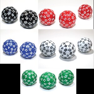 May include: A collection of multi-faceted polyhedral dice in black, red, blue, white, and green. Each die features a spherical shape with numerous flat faces, each imprinted with white numbers ranging from 1 to 60, arranged in a random pattern.