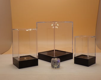 Clear Acrylic Display Box with Black Base - 3 Sizes - Small Showcase for Crystals, Dice, Miniatures, and Collectibles