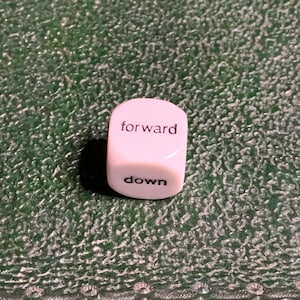 May include: White dice with the words "forward" and "down" printed on it.
