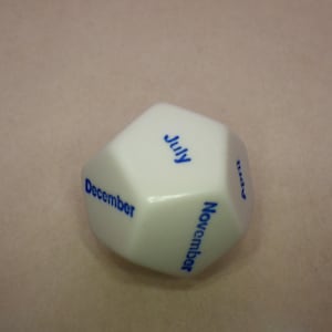 Pode incluir: Dado branco de seis lados com letras azuis. As faces mostram os meses do ano: julho, dezembro, novembro, janeiro, fevereiro e mar&ccedil;o.