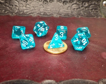 7 Die 10mm Mini Polyhedral Dice Set - Translucent Teal White - RPG Tool Tabletop Roleplay Games Supply CCG Card Board Random Tokens Counters