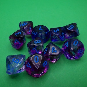 10D10 16mm Set of Ten D10 Dice - Nebula Glow in the Dark Nocturnal Blue - RPG Tool Tabletop Roleplay Games Supply Markers Decision Makers