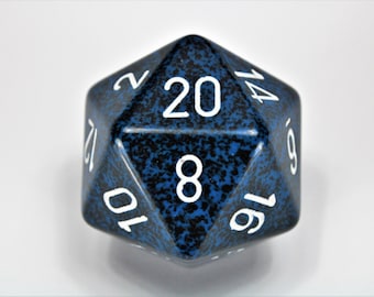Stealth Jumbo 34mm Speckled D20 Die Blue & Black with White Extra Large Counter Dice RPG Supply Tabletop Roleplay Tool Random Decisions