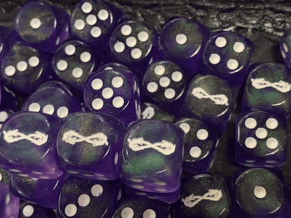 Dragon Infinity Symbol Customized Six-Sided Dice Sparkling Purple Glitter with White