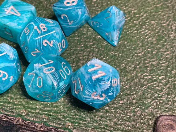 Turquoise Pearl RPG Dice Set - Full Polyhedral 7-Die Set With Bag - View #7