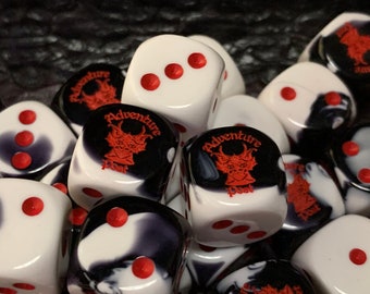 Adventure Post Logo Customized Six-Sided Dice - Red Dragon with Mail on Black and White