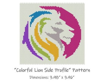 Colorful Lion Side Profile Beaded Tapestry Pattern - Peyote 2 Drop