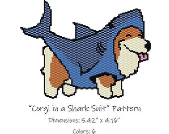 Corgi in a Shark Suit Beaded Tapestry Pattern - Peyote 2 Drop