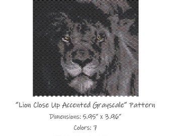 Lion Close Up Accented Grayscale Beaded Tapestry Pattern - Peyote 2 Drop